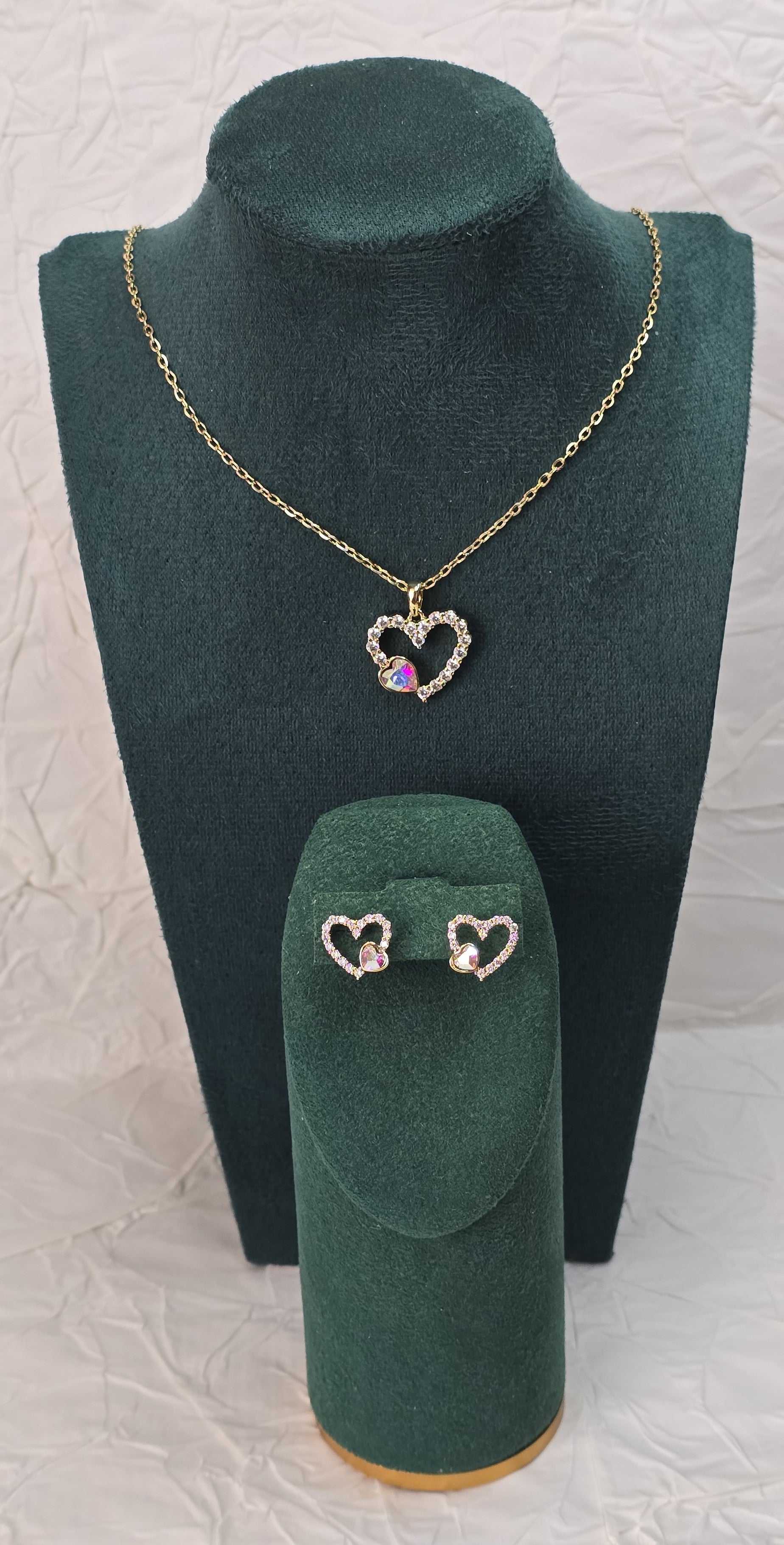 Aurora Crystal Heart 14K Gold‑Plated Jewelry Set