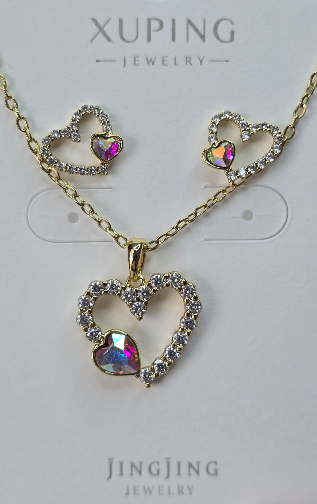Aurora Crystal Heart 14K Gold‑Plated Jewelry Set