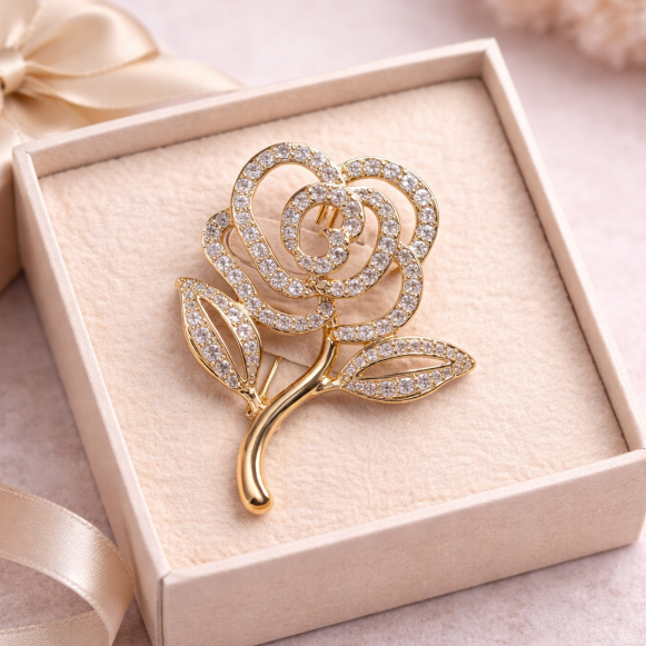“Golden Rose Sparkle” Brooch – 14K Gold Plated