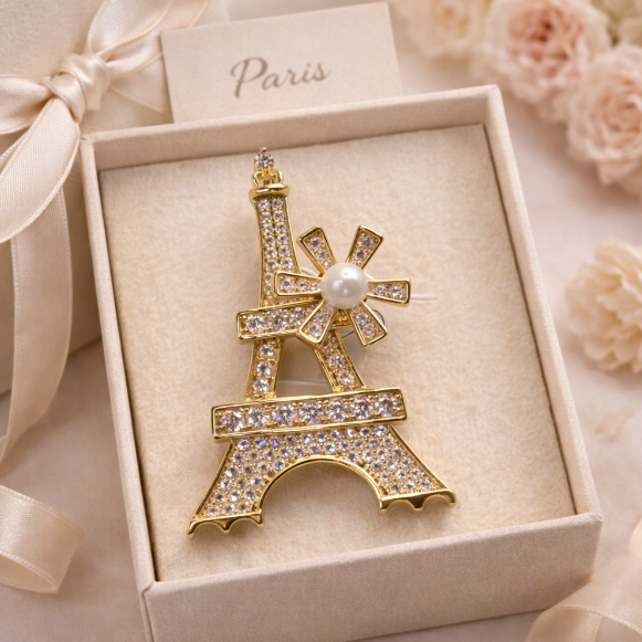 “Paris Bloom” Eiffel Tower Brooch – 14K Gold Plated