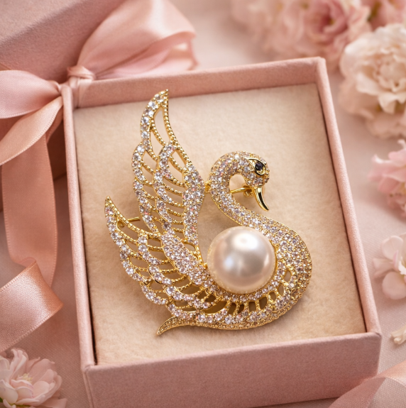 Golden Swan Pearl Brooch – 14K Gold Plated