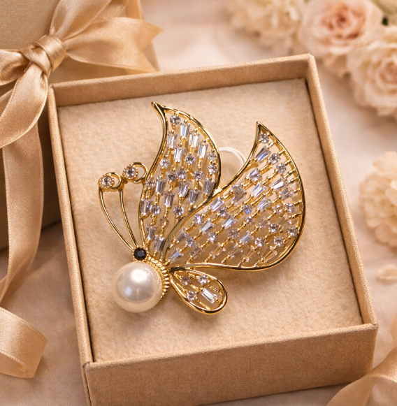 “Golden Butterfly Pearl” Brooch – 14K Gold Plated