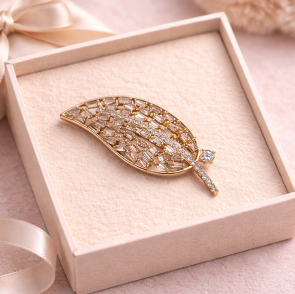 “Golden Leaf Radiance” Brooch – 14K Gold Plated