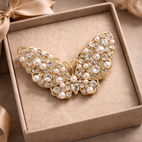 “Pearl Butterfly Luxe” Brooch – 14K Gold Plated